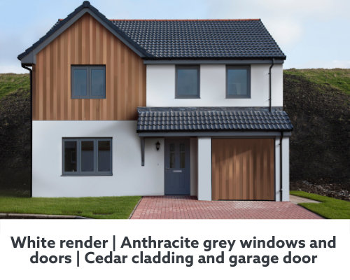 The exterior of a house with white render, anthracite grey windows and doors, cedar cladding and a garage door