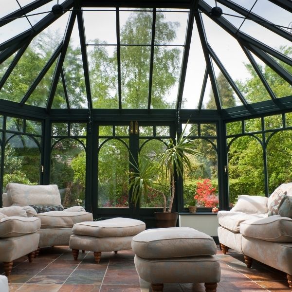 A large conservatory area with a walk way
